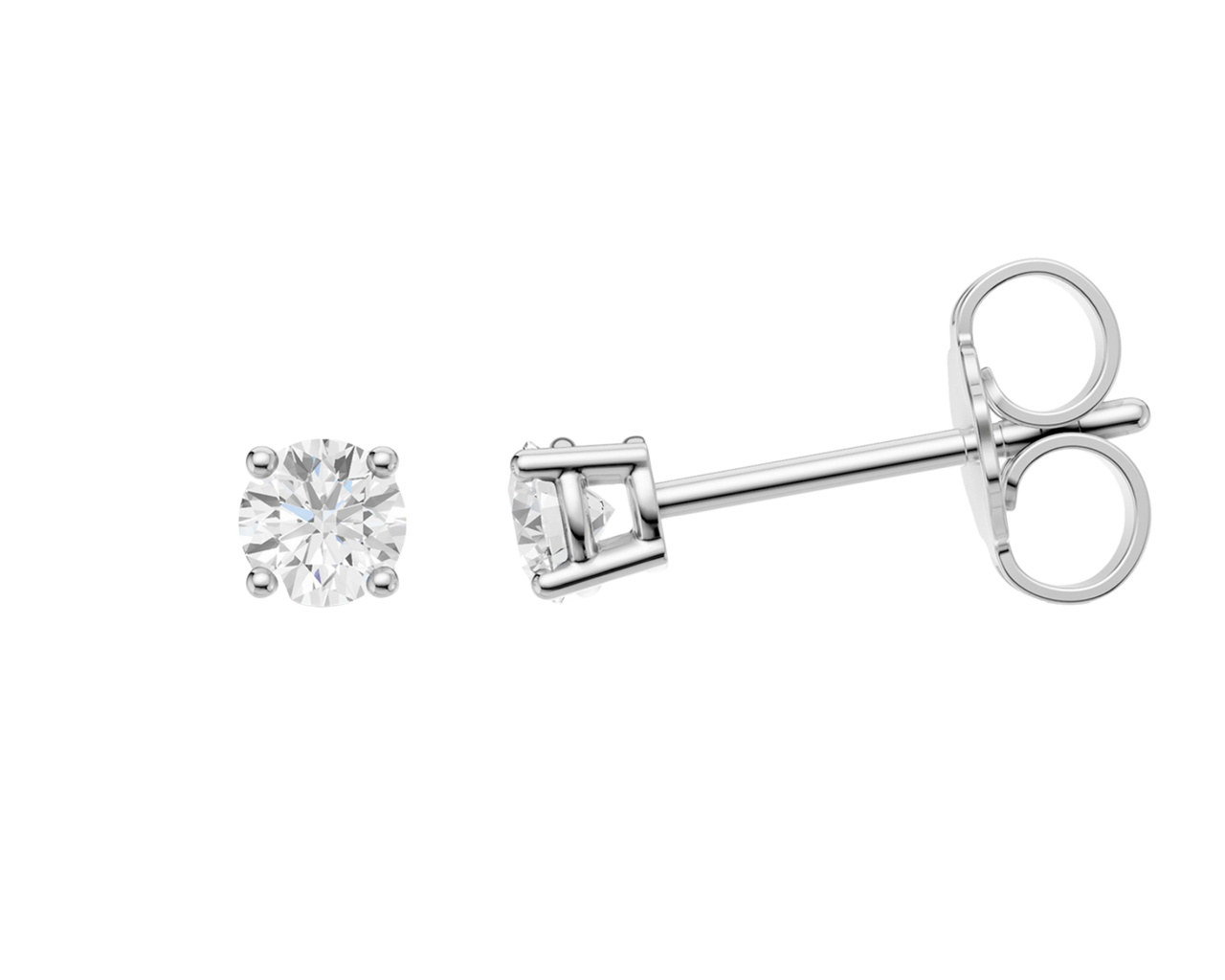 Amorati 1.0 cttw bold power studs, this side view of white gold round diamond stud earrings highlighting diamond brilliance, prong detail, and polished metal finish.