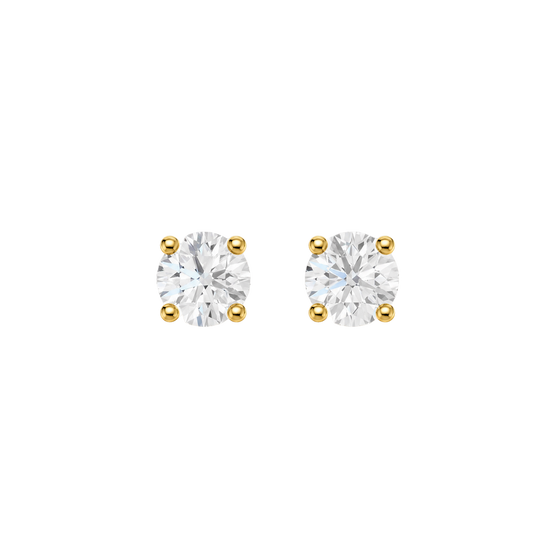 Front view in yellow 14K gold of Amorati Diamonds 1.0 cttw bold power round solitaire diamond stud earrings featuring brilliant-cut diamonds secured in a classic four-prong setting.