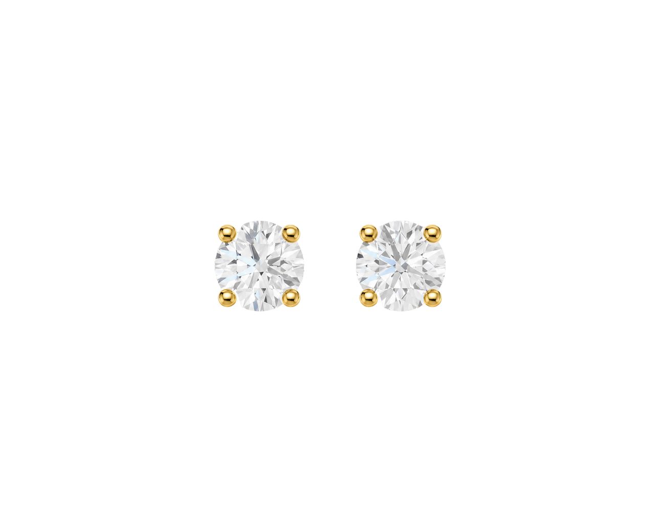 Front view in yellow 14K gold of Amorati Diamonds 1.0 cttw bold power round solitaire diamond stud earrings featuring brilliant-cut diamonds secured in a classic four-prong setting.