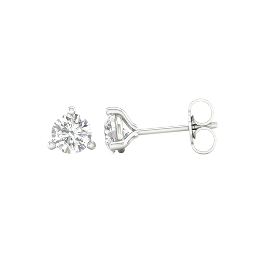 An angled view of Amorati Bold 1.0 cttw Martini-set stud earring in 10K white gold three-prong diamond stud earrings, showcasing the full design.