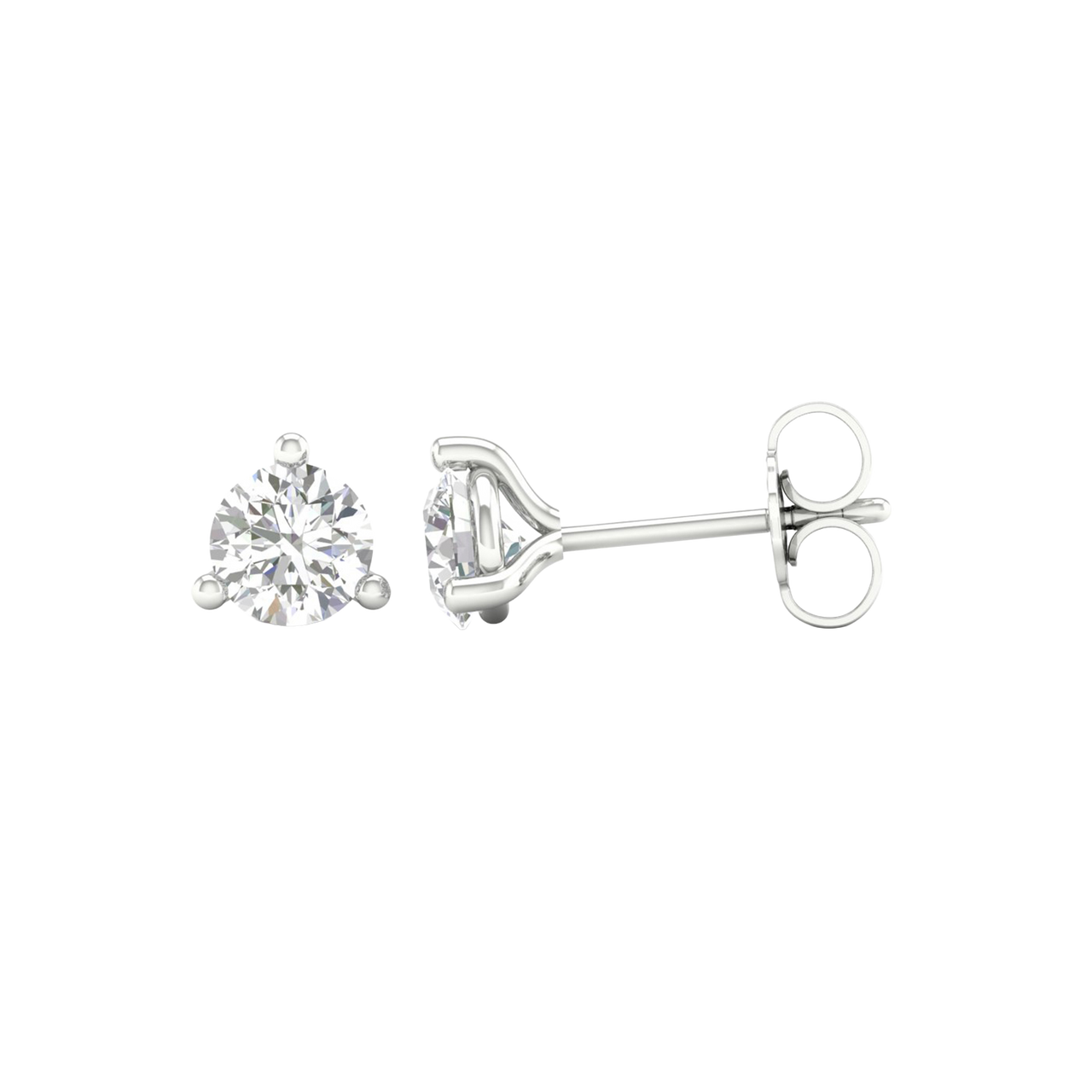 An angled view of Amorati Bold 1.0 cttw Martini-set stud earring in 10K white gold three-prong diamond stud earrings, showcasing the full design.