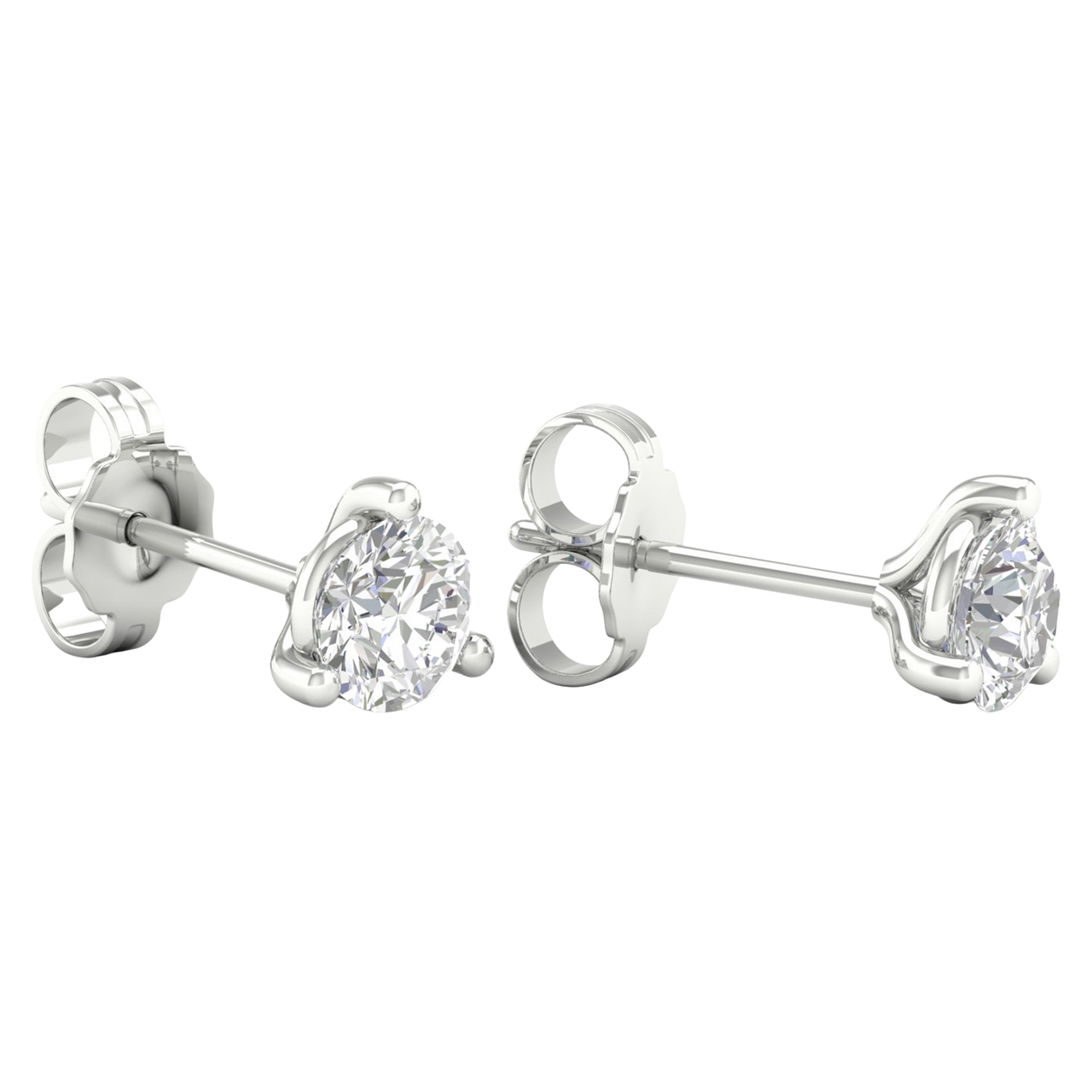 A pair of 14K yellow gold three-prong diamond stud earrings, shown from a side profile.