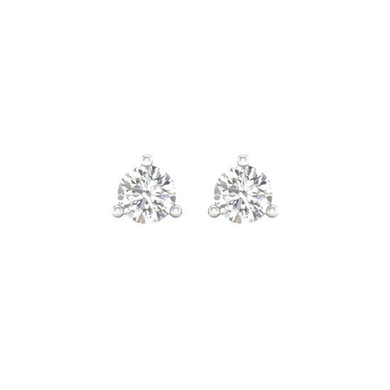 A pair of 14K white gold three-prong diamond stud earrings, shown from the front.