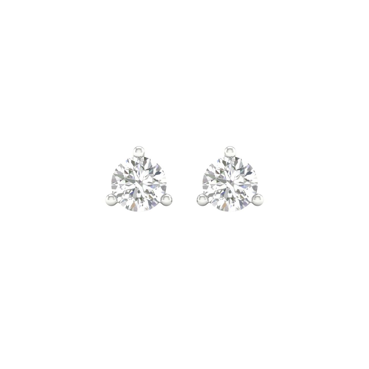 A pair of 14K white gold three-prong diamond stud earrings, shown from the front.