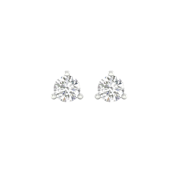 A pair of 14K white gold three-prong diamond stud earrings, shown from the front.