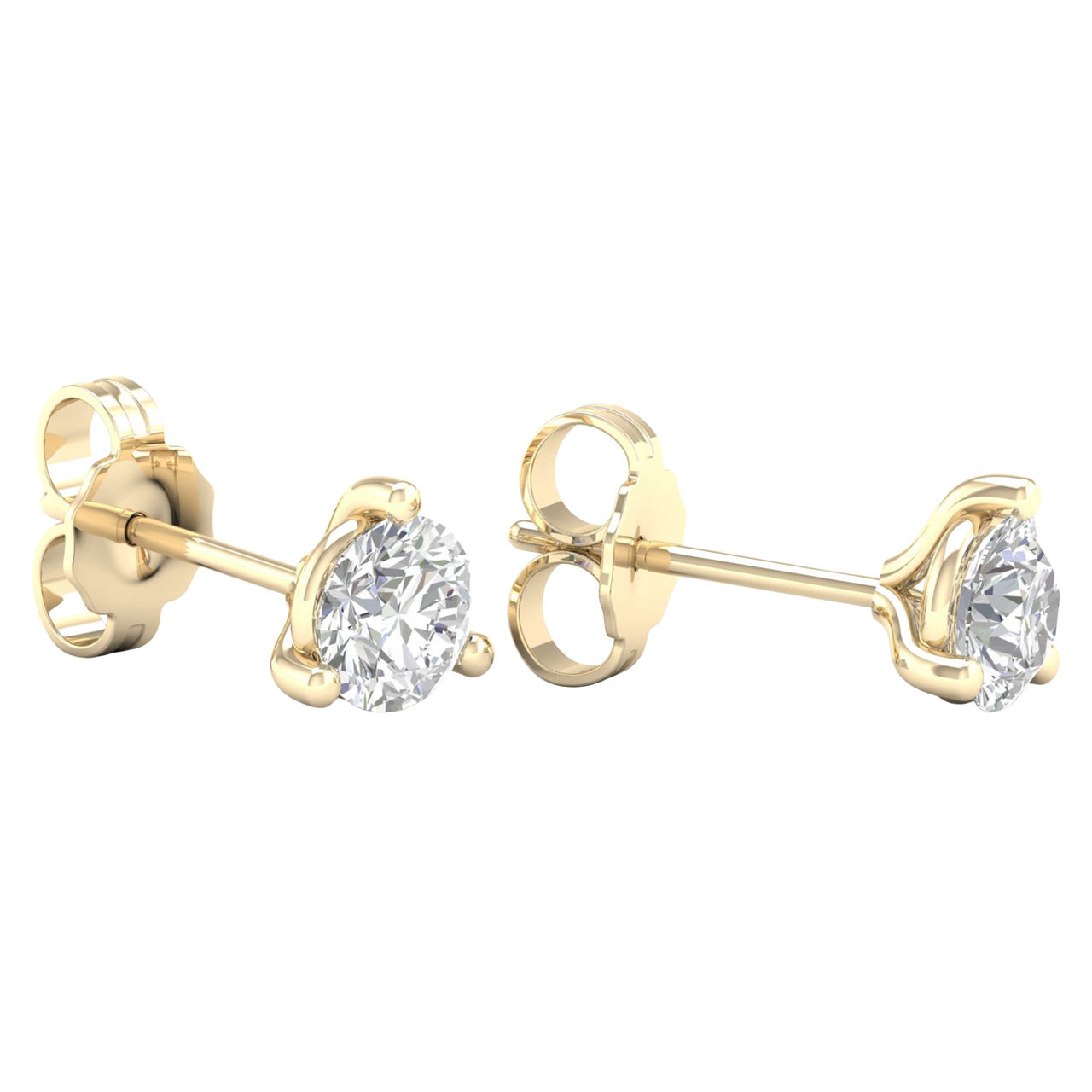 A pair of 14K yellow gold three-prong diamond stud earrings, shown from a side profile.