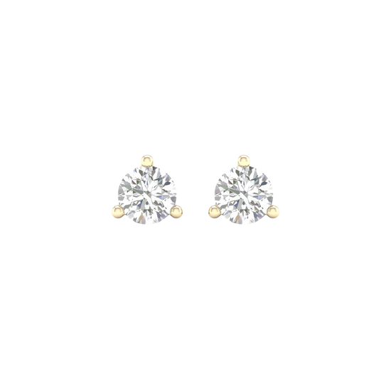 A pair of 14K yellow gold three-prong diamond stud earrings, shown from the front.