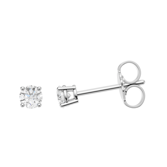 Side profile of white gold round solitaire diamond stud earrings showcasing the raised four-prong setting, secure post, and refined silhouette.