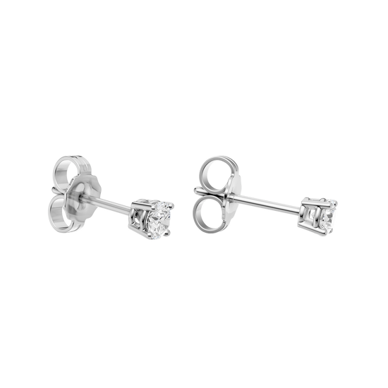Back view of white gold round diamond stud earrings displaying the prong-set post, smooth polished metal, and clean construction.