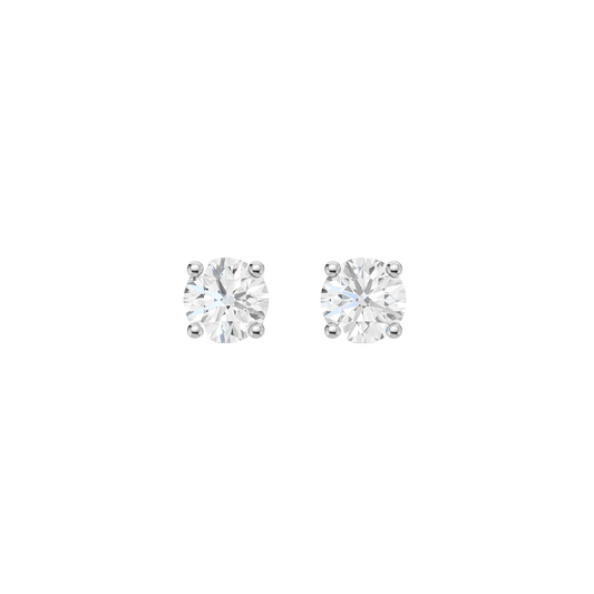 Front view of white gold round solitaire diamond stud earrings featuring brilliant-cut diamonds secured in a classic four-prong setting.