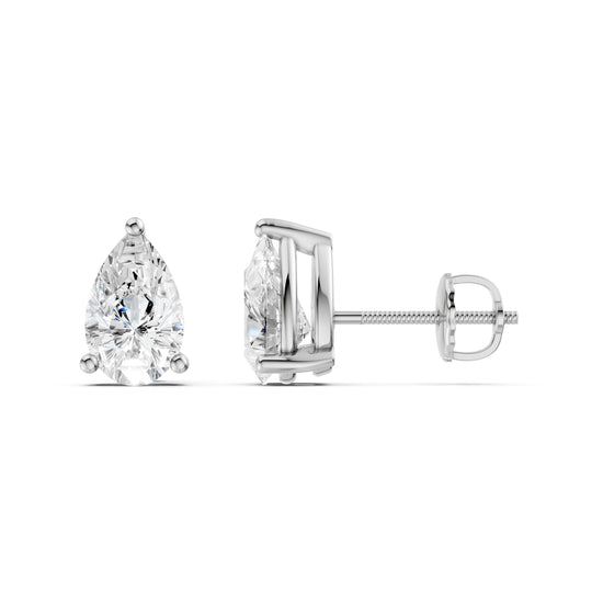 Amorati Diamonds pair of pear-cut diamond stud earrings in a 14K white gold four-prong setting; 1 carat, 2 carat, 3 carat, 4 carat and 6 carat, shown from both front and side angles on a white background.