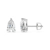 Amorati Diamonds pair of pear-cut diamond stud earrings in a 14K white gold four-prong setting; 1 carat, 2 carat, 3 carat, 4 carat and 6 carat, shown from both front and side angles on a white background.