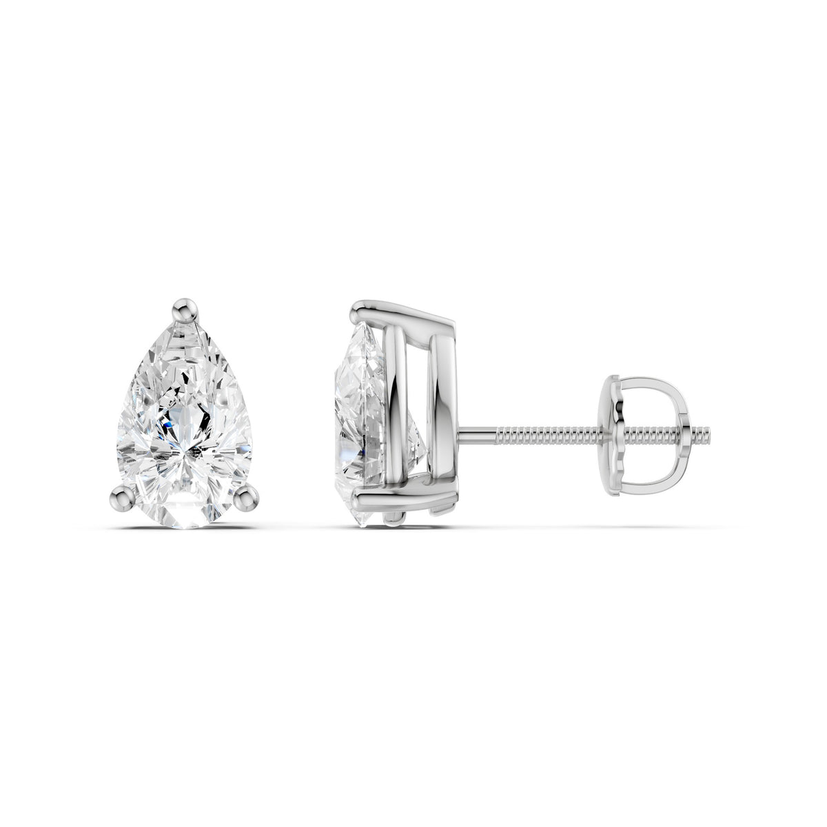 Amorati Diamonds pair of pear-cut diamond stud earrings in a 14K white gold four-prong setting; 1 carat, 2 carat, 3 carat, 4 carat and 6 carat, shown from both front and side angles on a white background.