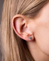 Amorati Bold 1.0 cttw Martini-set stud earring on model view of a 10K white gold three-prong .24 ct total weight diamond stud earrings, shown on the left ear.