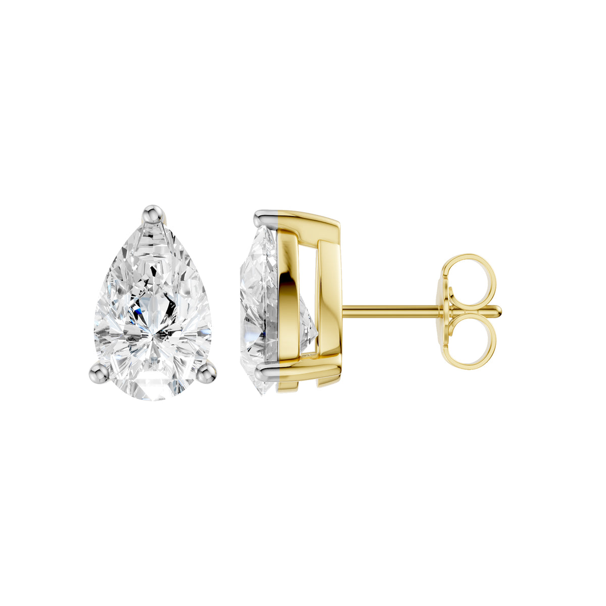 Amorati Diamonds pair of pear-cut diamond stud earrings in yellow gold settings, shown from the front and side on a plain white background.