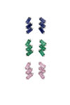 Three colorways in the cascading stud earrings featuring a vertical arrangement of three baguette-cut emerald or pink sapphires or blue sapphire. The rectangular gemstones are staggered in a step-like formation and held in a minimalist 18k white gold setting, shown against a clean, white studio background.