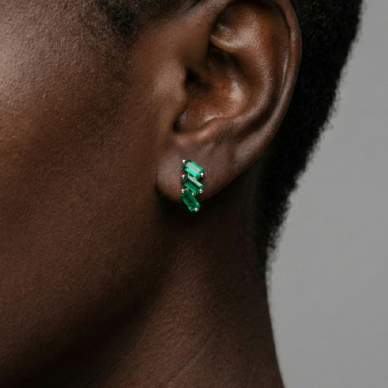 A close-up, profile shot of a person’s ear and jawline, showcasing the Cascading Baguette-Cut Stud Earrings. The model’s hair is swept back, allowing the jewelry to take center stage against a soft-focus, neutral background.
