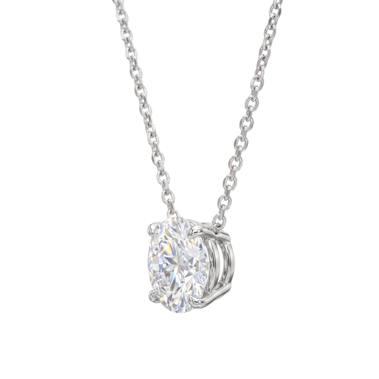A white gold chain necklace with a round diamond pendant shown at an angle on a black background.