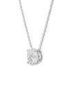 A white gold chain necklace with a round diamond pendant shown at an angle on a black background.
