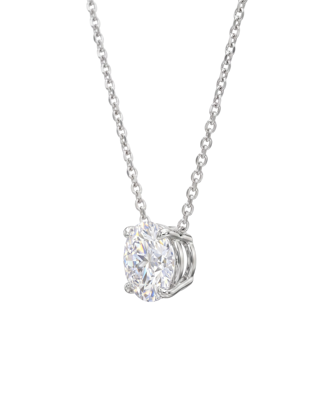 A white gold chain necklace with a round diamond pendant shown at an angle on a black background.