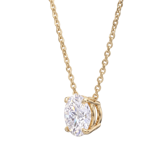 A yellow gold chain necklace with a round diamond pendant shown at an angle on a black background.