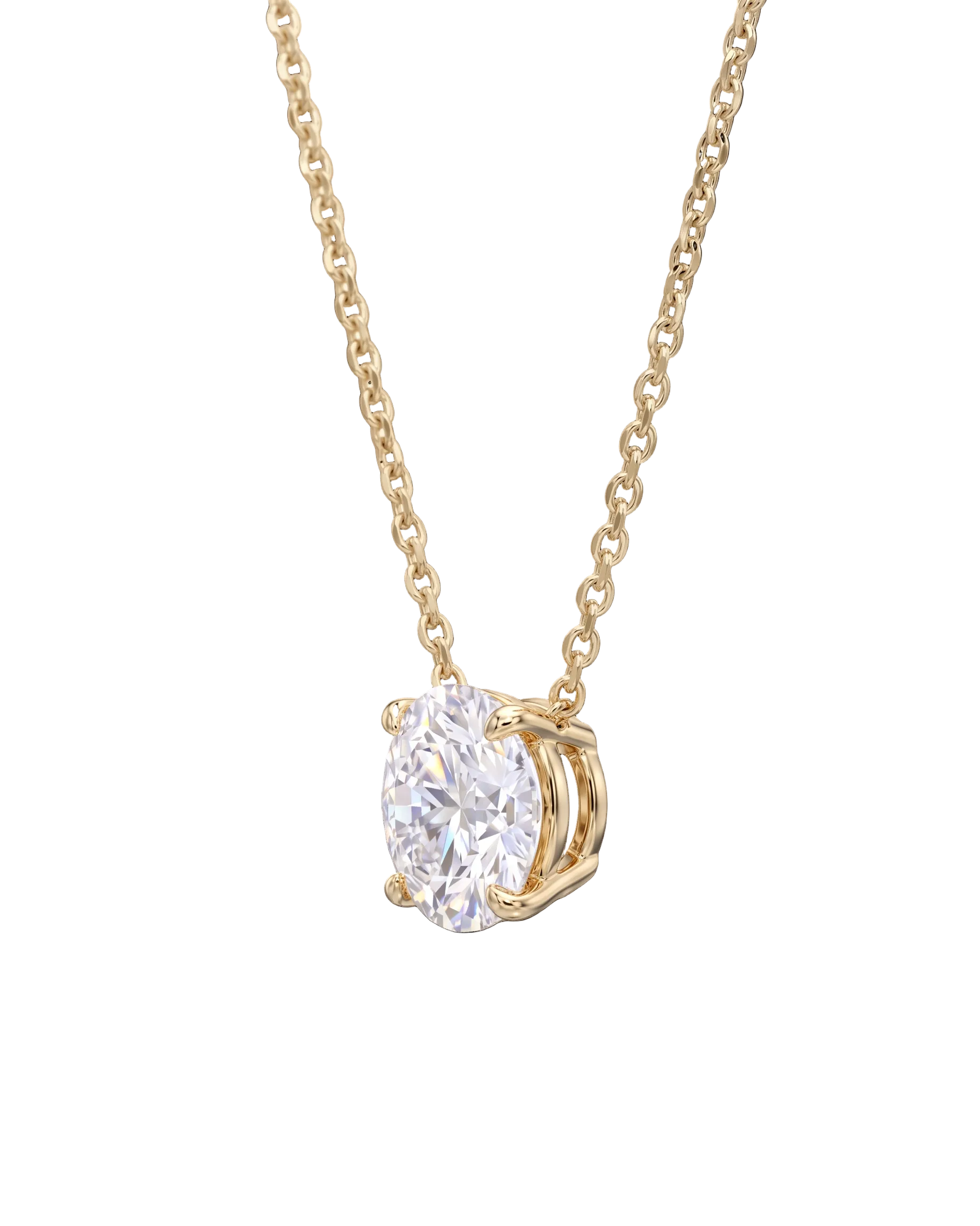 A yellow gold chain necklace with a round diamond pendant shown at an angle on a black background.