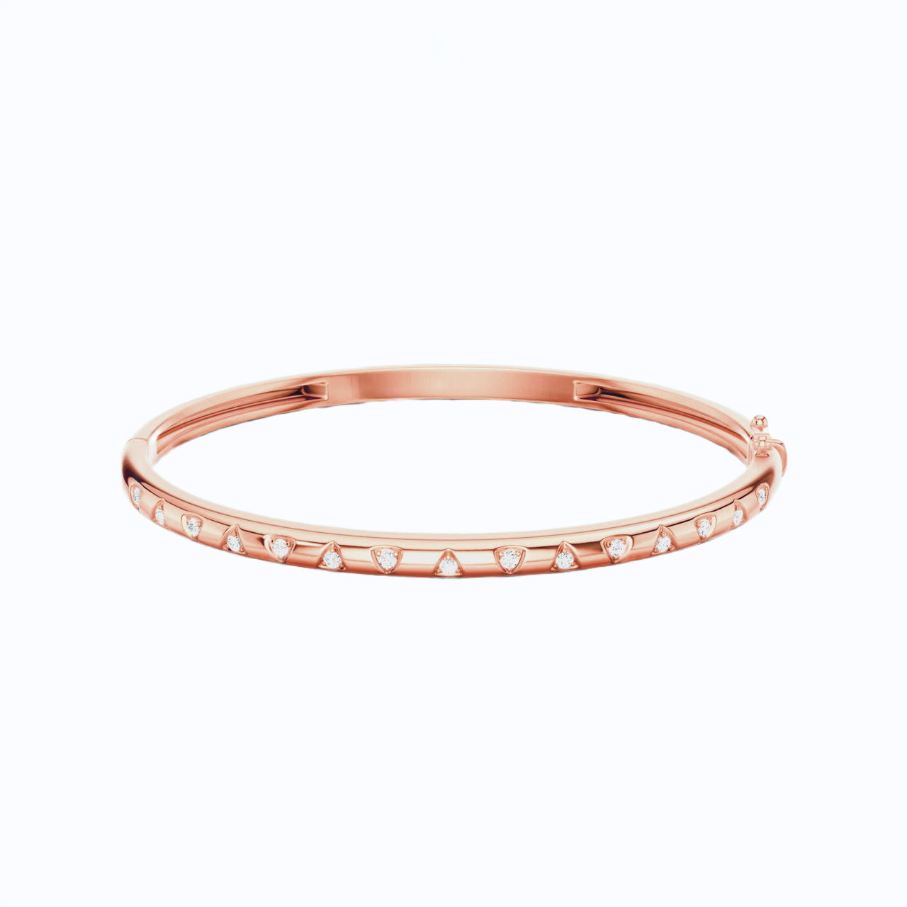 Amorati Diamond Multishape Studded Thin Bangle is a slim 14K rose gold bracelet with a row of stamped shapes inset with round lab grown diamonds on a plain white background.