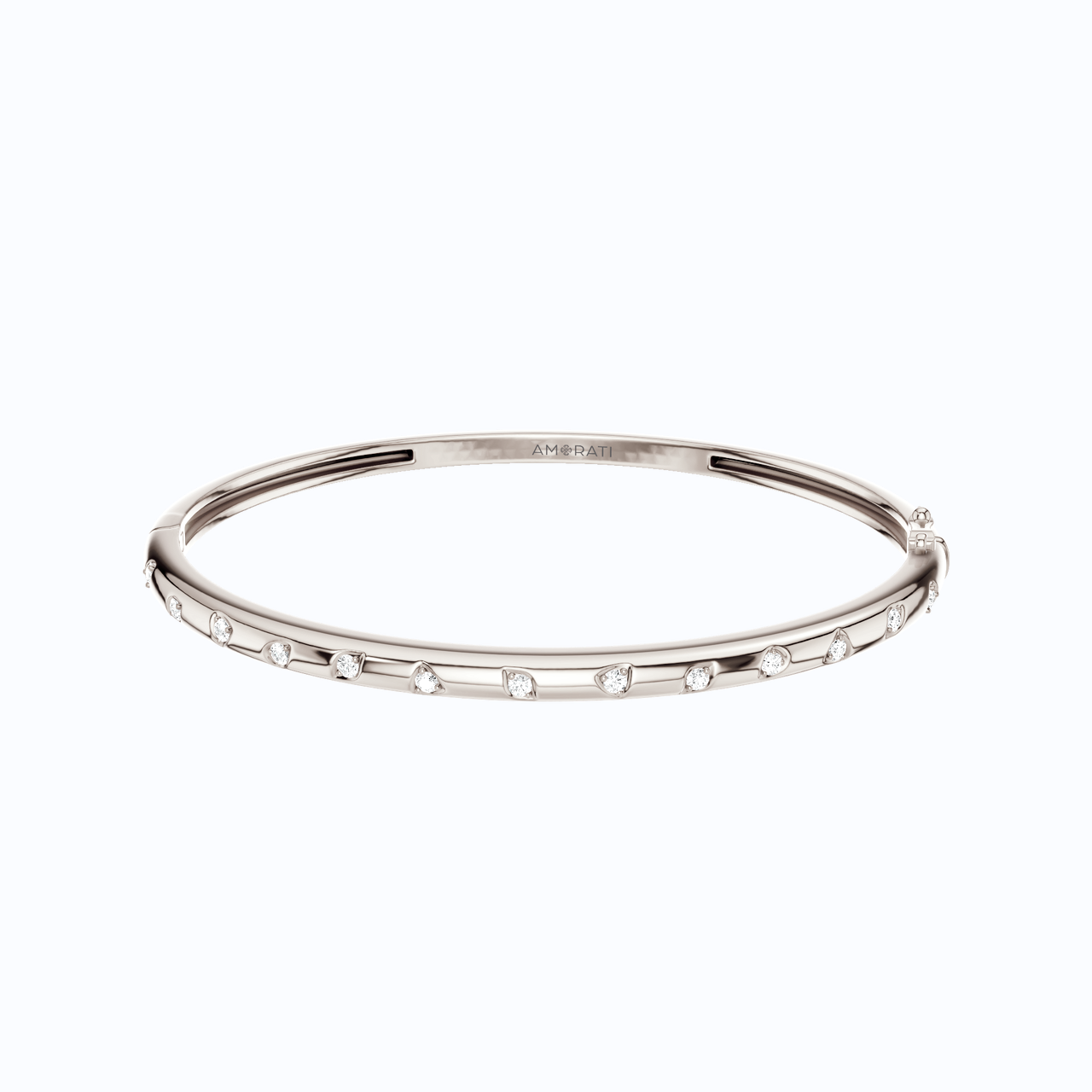 A substantial, high-polish 14k white gold wide cuff from the Amorati Fourteen Collection, featuring scattered star and geometric insets with shimmering round lab-grown diamonds.
