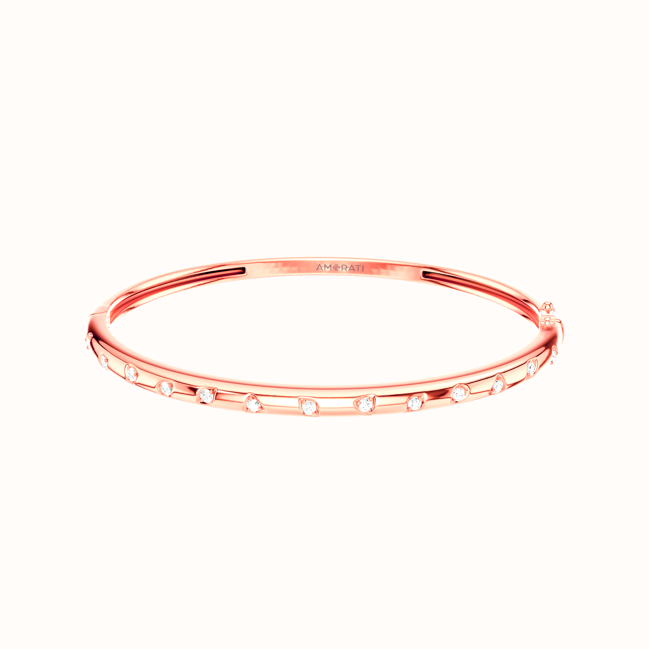Amorati Diamonds Multi Shape Studded Diamond Stackable Bangle. This slim 14K rose gold bangle bracelet with a row of various shapes stamped into the gold with round lab grown diamond inset in each shape, shown on a plain white background. 