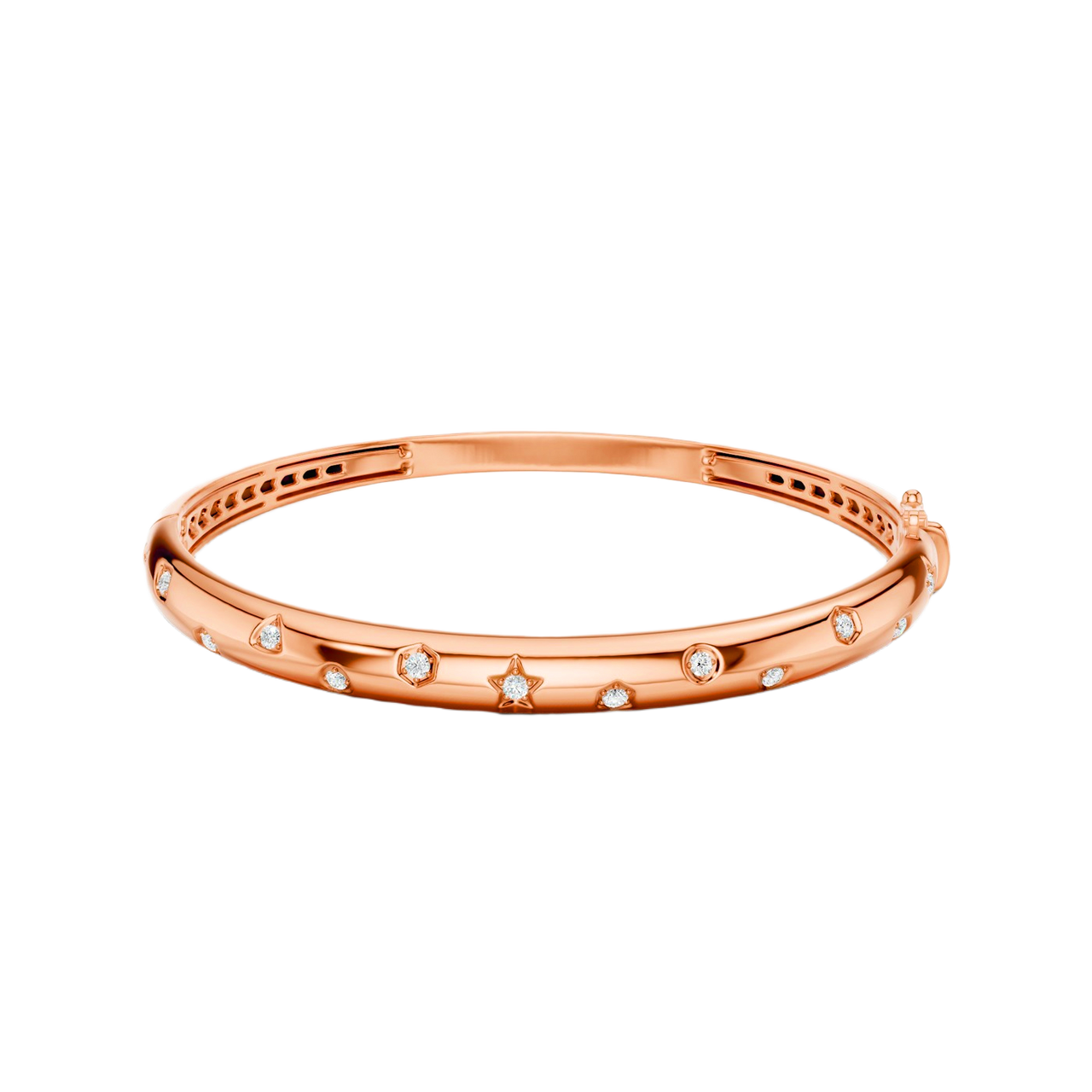 A bold, high-polish 14k rose gold statement bangle by Amorati featuring scattered star and geometric insets with shimmering round-cut lab-grown diamonds. Amorati’s signature F O U R T E E N T H Collection
