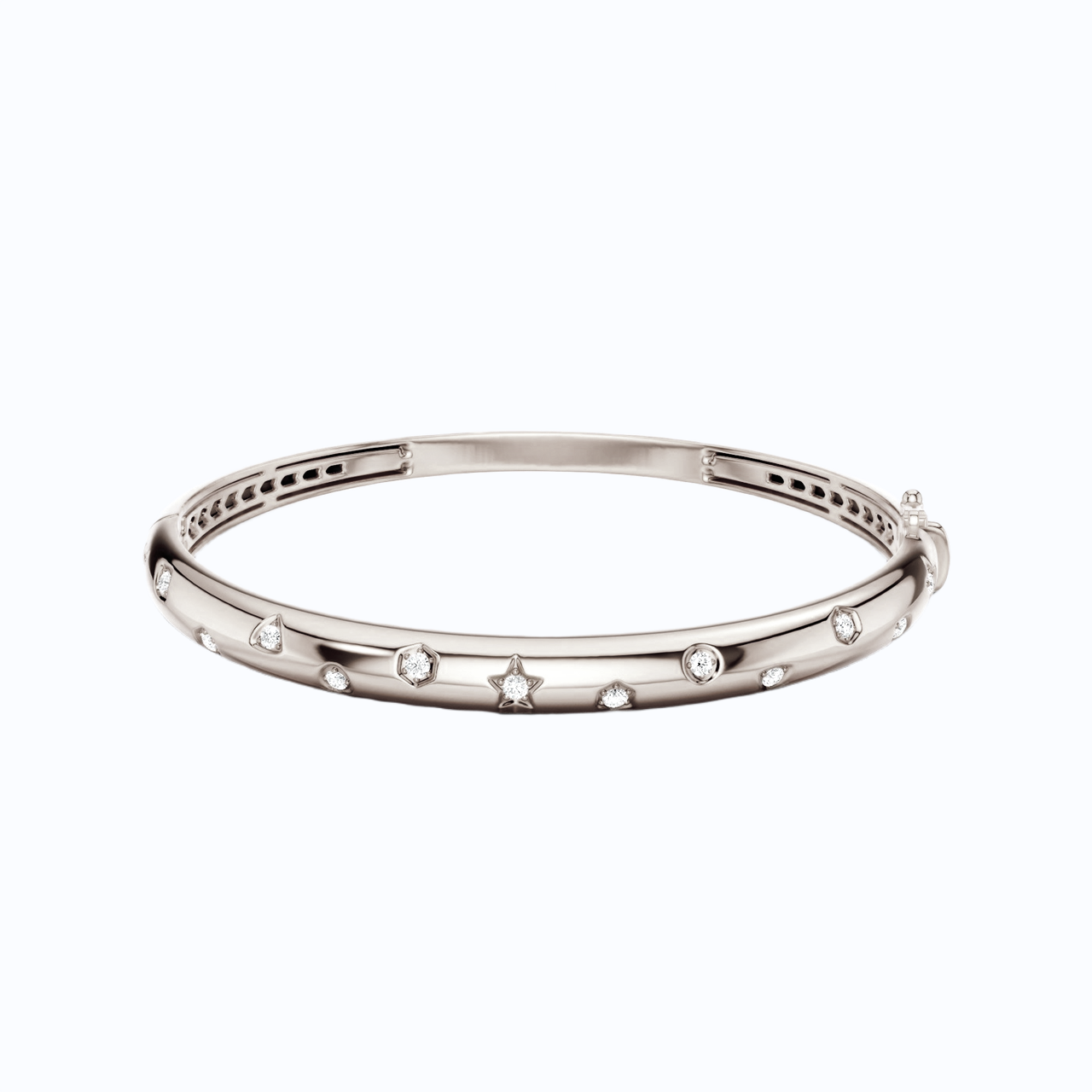 Amorati Diamonds Multi Shape Studded Diamond Bangle in 14K white gold. This bracelet with small round lab grown diamonds set along the front, displayed on a clean white background.