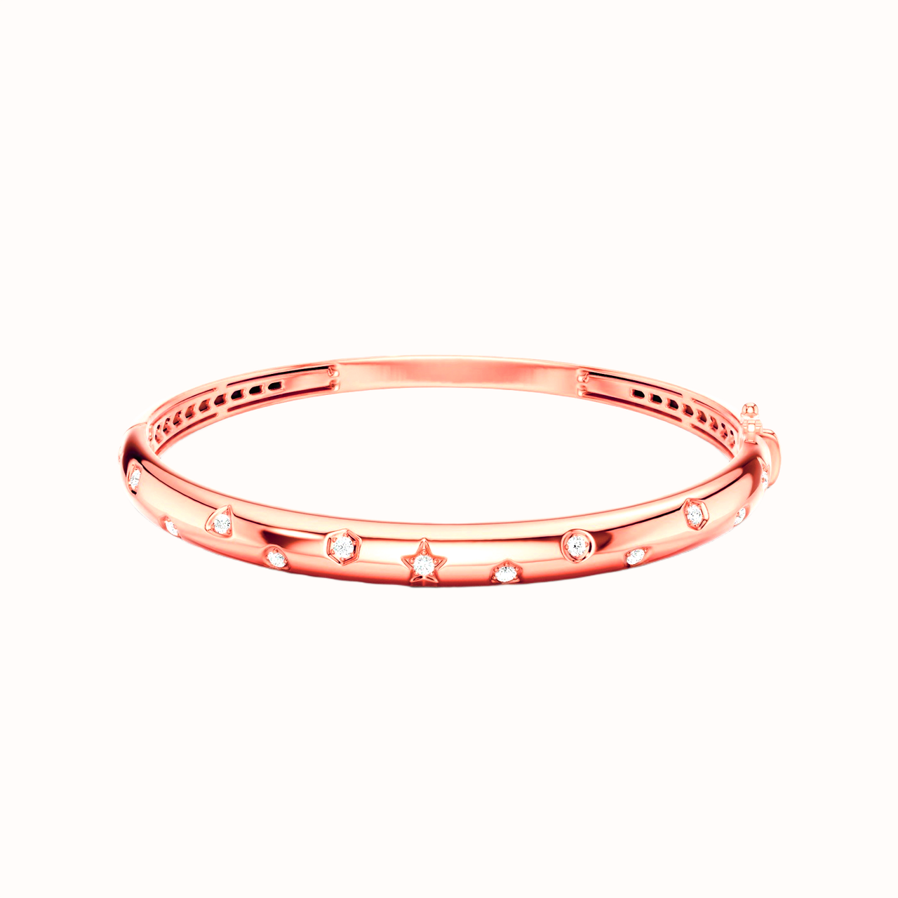 Amorati Diamonds Multi Shape Studded Diamond Bangle in 14K rose gold. This bracelet with small round lab grown diamonds set along the front, displayed on a clean white background.