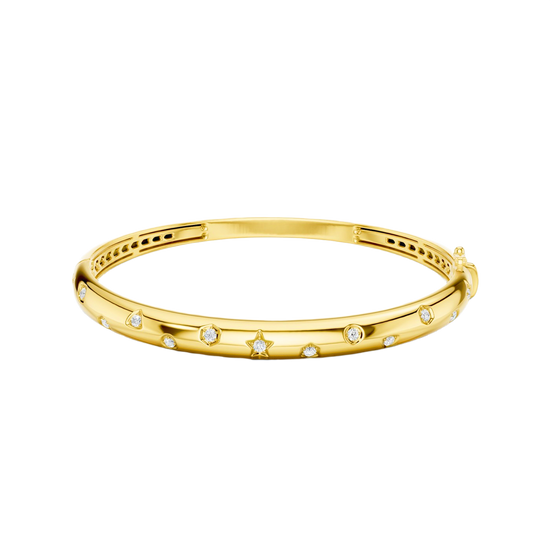 A bold, high-polish 14k yellow gold statement bangle by Amorati featuring scattered star and geometric insets with shimmering round-cut lab-grown diamonds. Amorati’s signature F O U R T E E N T H Collection