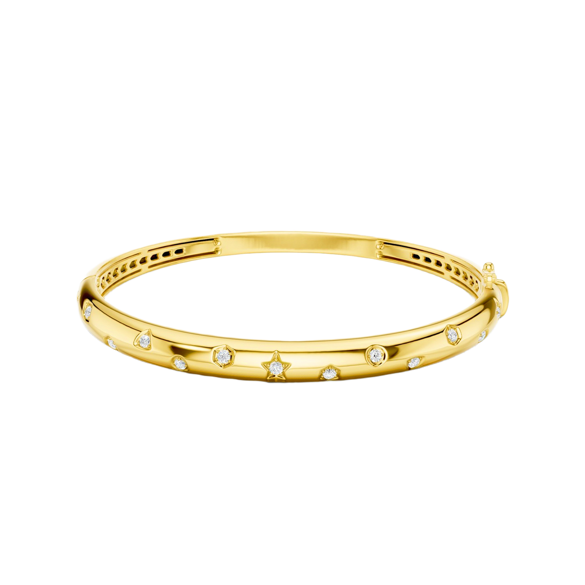 A bold, high-polish 14k yellow gold statement bangle by Amorati featuring scattered star and geometric insets with shimmering round-cut lab-grown diamonds. Amorati’s signature F O U R T E E N T H Collection
