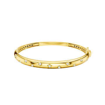 A bold, high-polish 14k yellow gold statement bangle by Amorati featuring scattered star and geometric insets with shimmering round-cut lab-grown diamonds. Amorati’s signature F O U R T E E N T H Collection