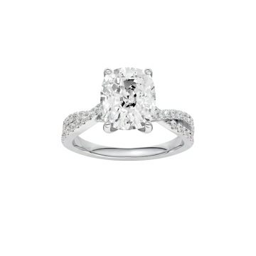 A front view of the Elongated Cushion diamond engagement ring in 14k white gold with a prong diamond band and cathedral setting