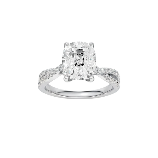 A front view of the Elongated Cushion diamond engagement ring in 14k white gold with a prong diamond band and cathedral setting