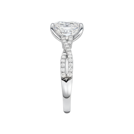 A side view of the Elongated Cushion diamond engagement ring in 14k white gold with a prong diamond band and cathedral setting