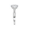 A side view of the Elongated Cushion diamond engagement ring in 14k white gold with a prong diamond band and cathedral setting