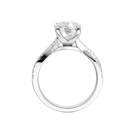 A profile view of the Elongated Cushion diamond engagement ring in 14k white gold with a prong diamond band and cathedral setting