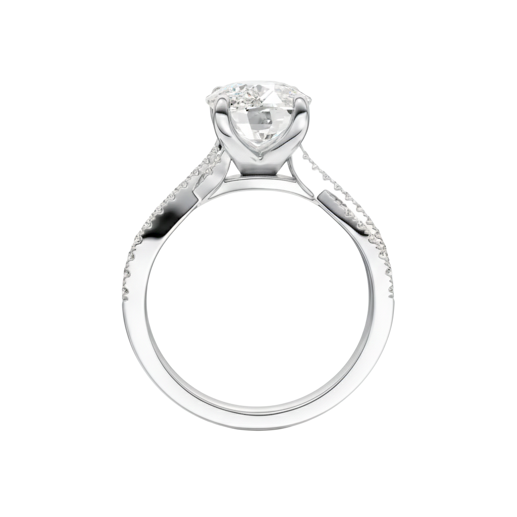 A profile view of the Elongated Cushion diamond engagement ring in 14k white gold with a prong diamond band and cathedral setting
