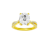 A front view of the Elongated Cushion diamond engagement ring in 14k yellow gold with a prong diamond band and cathedral setting
