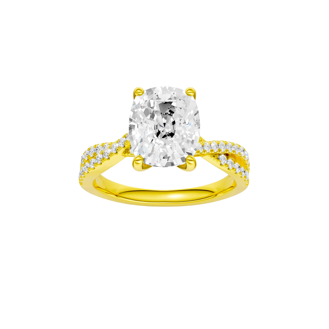 A front view of the Elongated Cushion diamond engagement ring in 14k yellow gold with a prong diamond band and cathedral setting