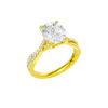 A three-quarter view of the Elongated Cushion diamond engagement ring in 14k yellow gold with a prong diamond band and cathedral setting