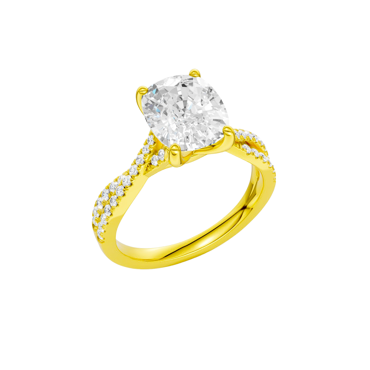 A three-quarter view of the Elongated Cushion diamond engagement ring in 14k yellow gold with a prong diamond band and cathedral setting