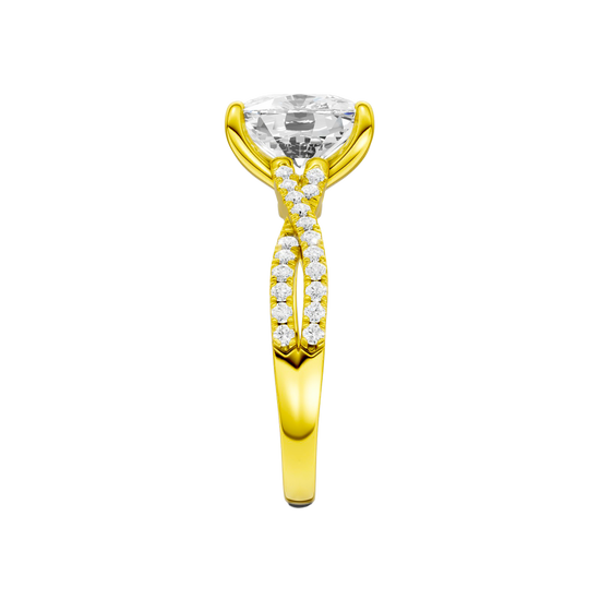 A side view of the Elongated Cushion diamond engagement ring in 14k yellow gold with a prong diamond band and cathedral setting