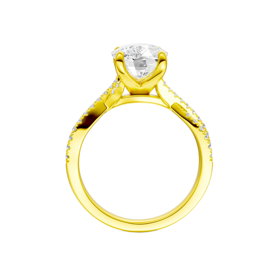 A profile view of the Elongated Cushion diamond engagement ring in 14k yellow gold with a prong diamond band and cathedral setting
