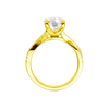 A profile view of the Elongated Cushion diamond engagement ring in 14k yellow gold with a prong diamond band and cathedral setting