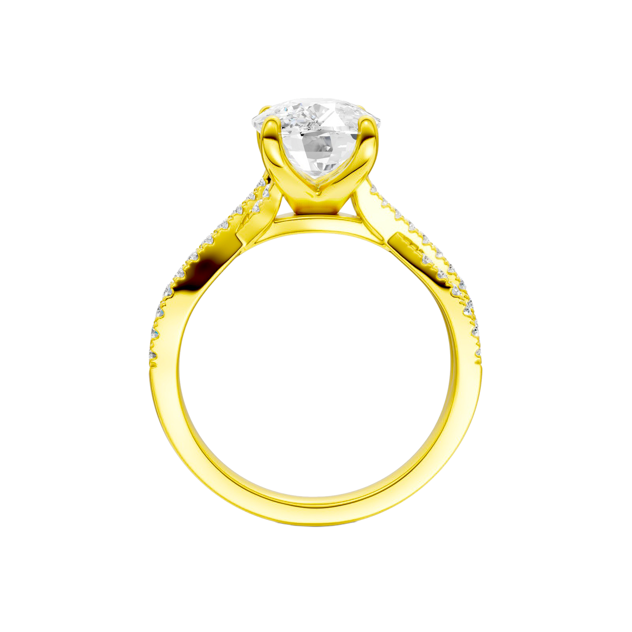 A profile view of the Elongated Cushion diamond engagement ring in 14k yellow gold with a prong diamond band and cathedral setting