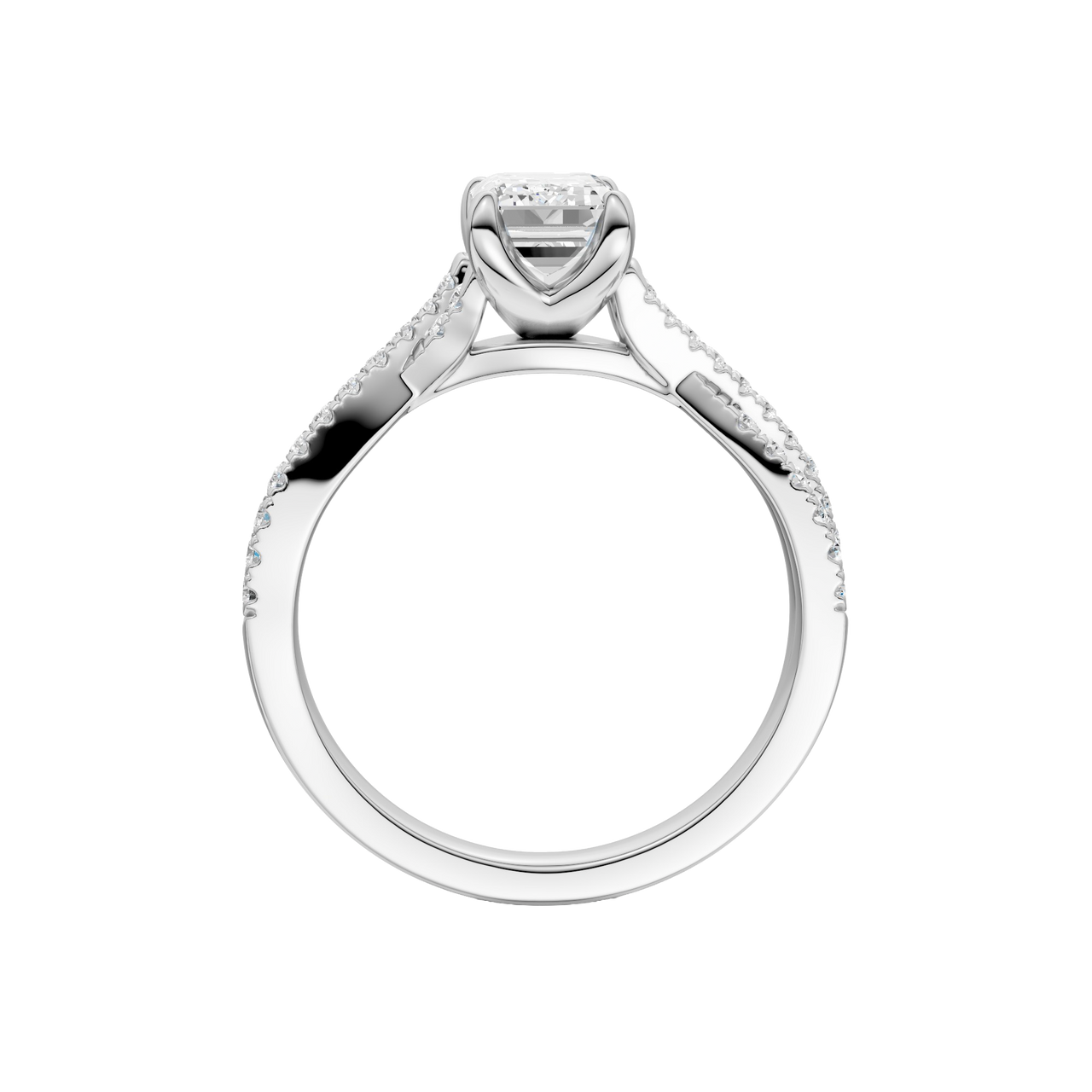 A side profile view of 14K white gold Amorati Vignette emerald diamond solitaire with prong setting and diamond band